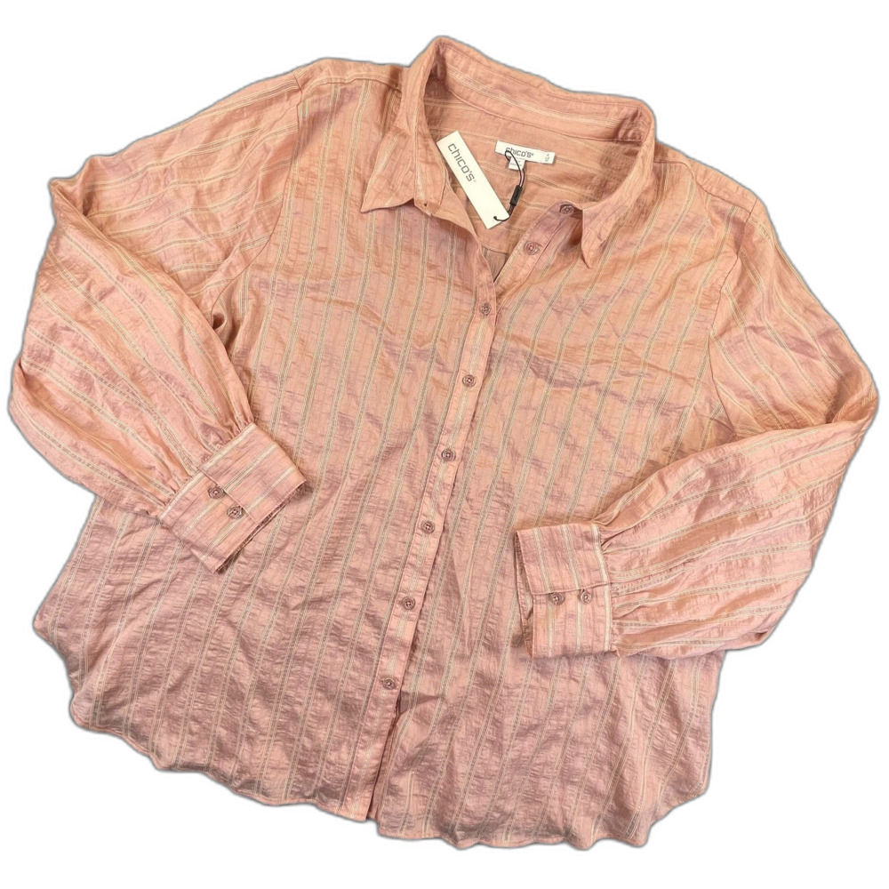 Chico's NWT Classic Soft Shimmer Striped Button Blouse 4 XXL French Blush Plus